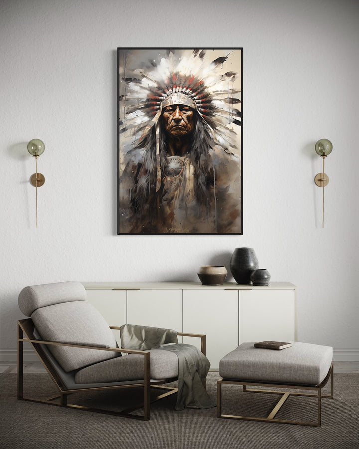 Indian Chief Native American Framed Canvas Wall Art above table