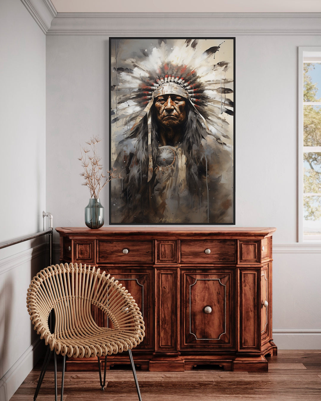 Indian Chief Native American Framed Canvas Wall Art in bedroom