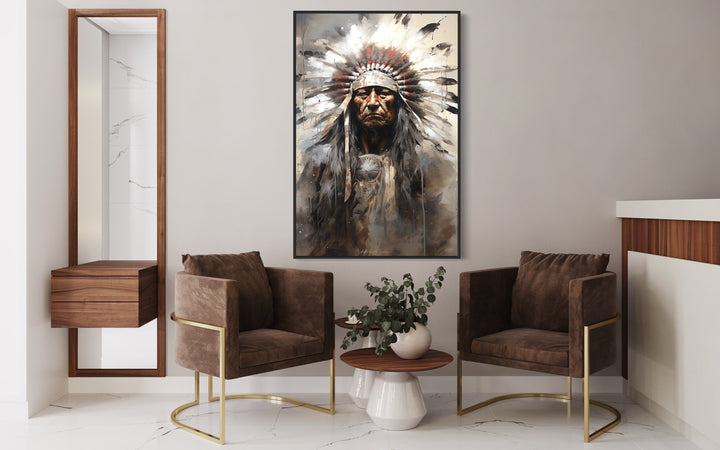 Indian Chief Native American Framed Canvas Wall Art in hallway