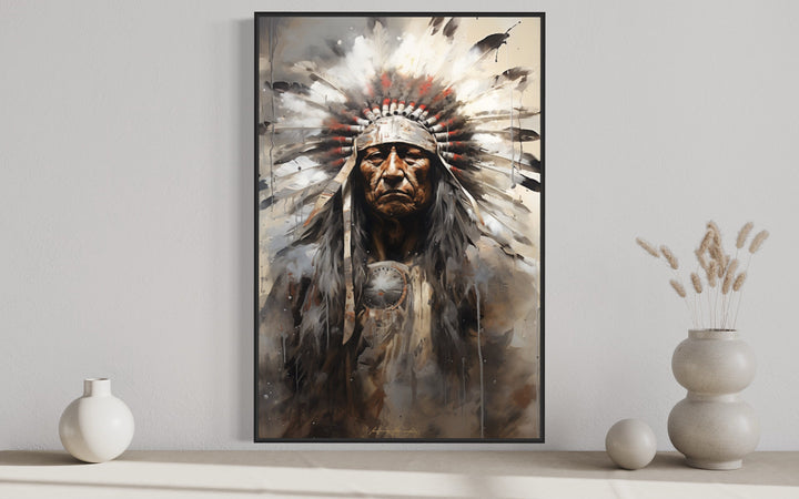 Indian Chief Native American Framed Canvas Wall Art close up