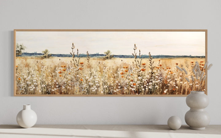 Rustic Vintage Yellow Wildflowers Field Horizontal Canvas Wall Art close up