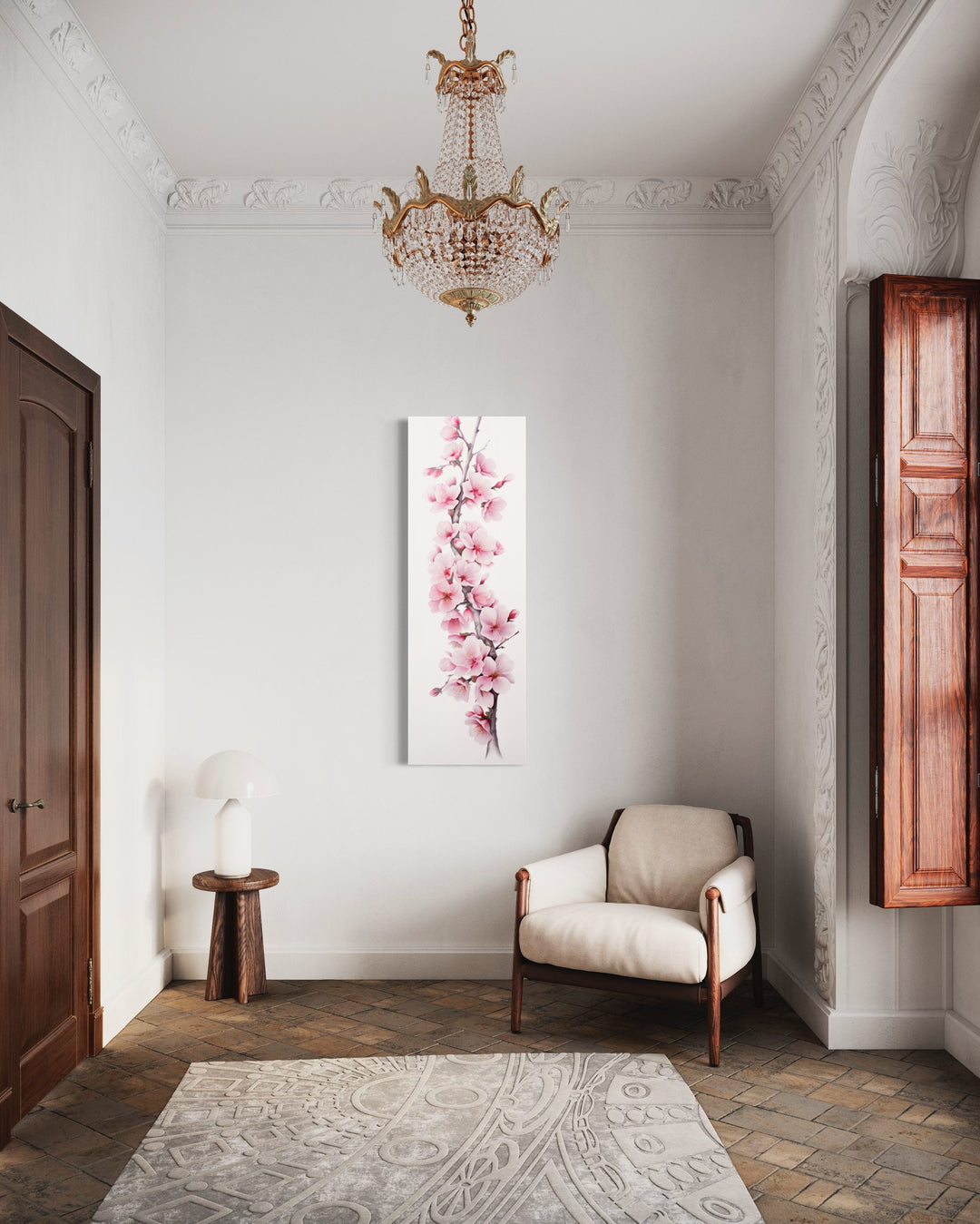 Long Narrow Pink Watercolor Cherry Blossom Sakura Vertical Framed Canvas Wall Art on narrow wall