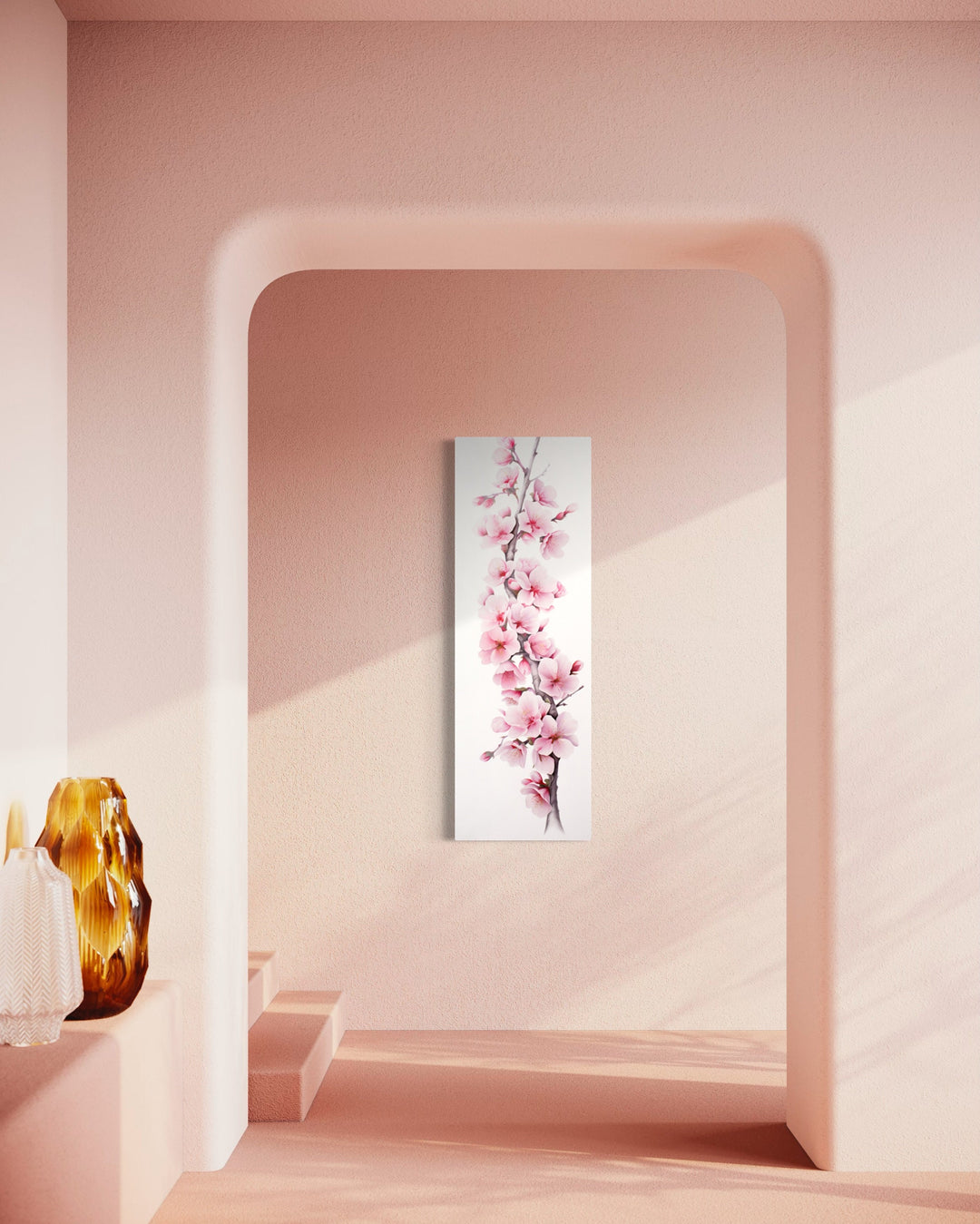 Long Narrow Pink Watercolor Cherry Blossom Sakura Vertical Framed Canvas Wall Art in pink room