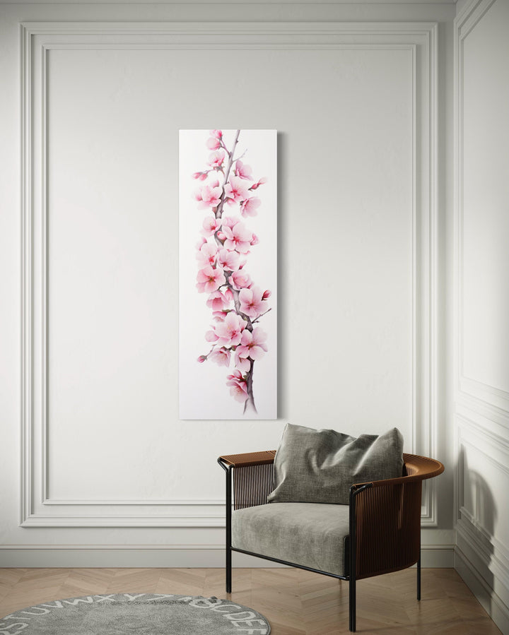 Long Narrow Pink Watercolor Cherry Blossom Sakura Vertical Framed Canvas Wall Art