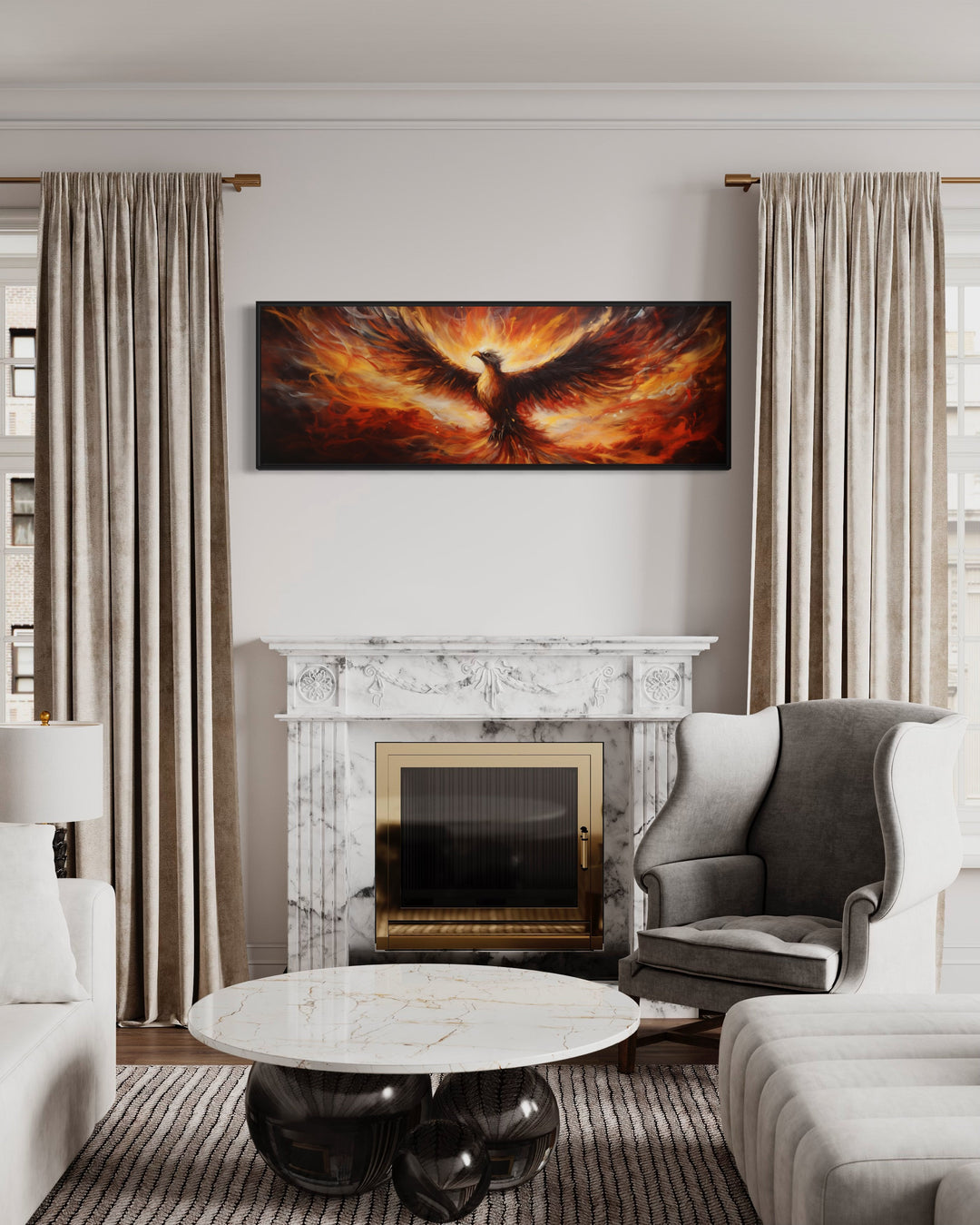 Phoenix Rising From Horizontal Framed Canvas Wall Art above fireplace