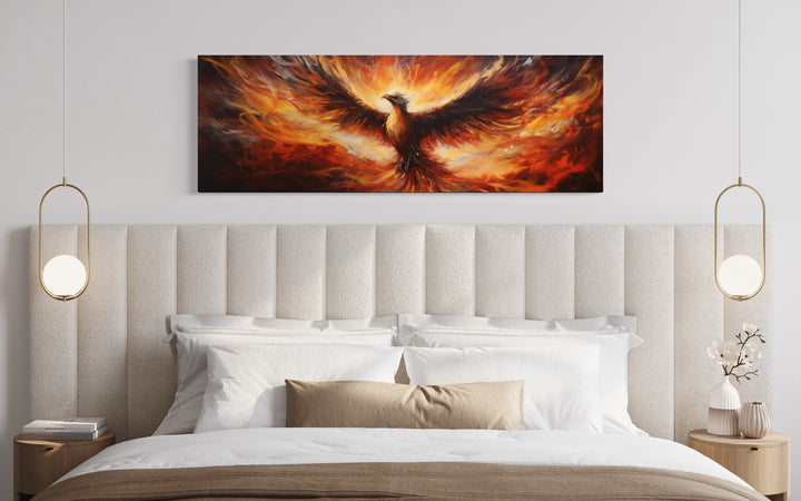 Phoenix Rising From Horizontal Framed Canvas Wall Art above bed