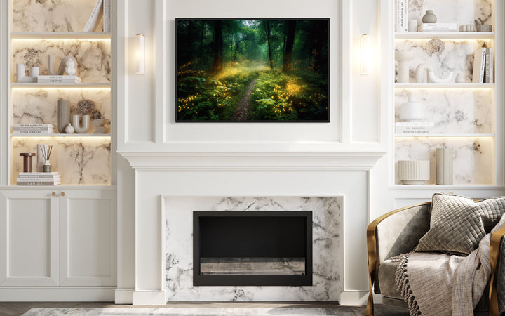 Magical Forest Illuminated by Fireflies Framed Canvas Wall Art above mantel