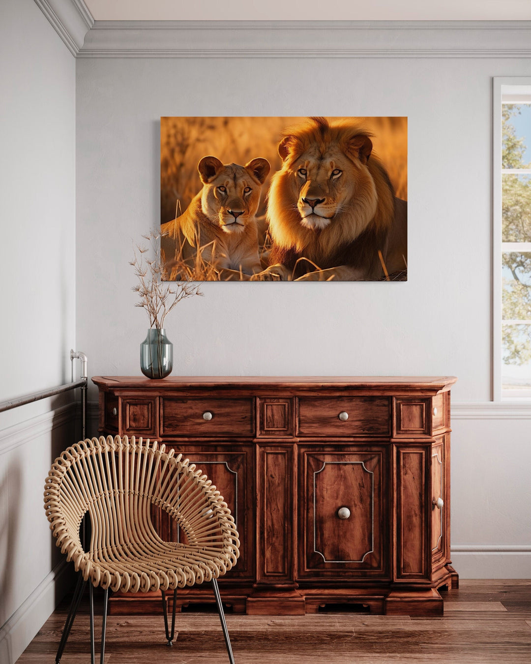 Lion And Lioness Photo Style Romantic Framed Canvas Wall Art