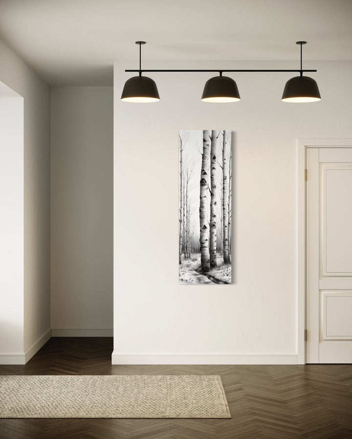 Tall Narrow Birch Trees Black White Vertical Wall Art in modern living room