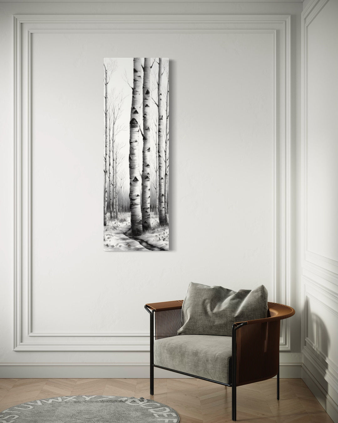 Tall Narrow Birch Trees Black White Vertical Wall Art behind armchair