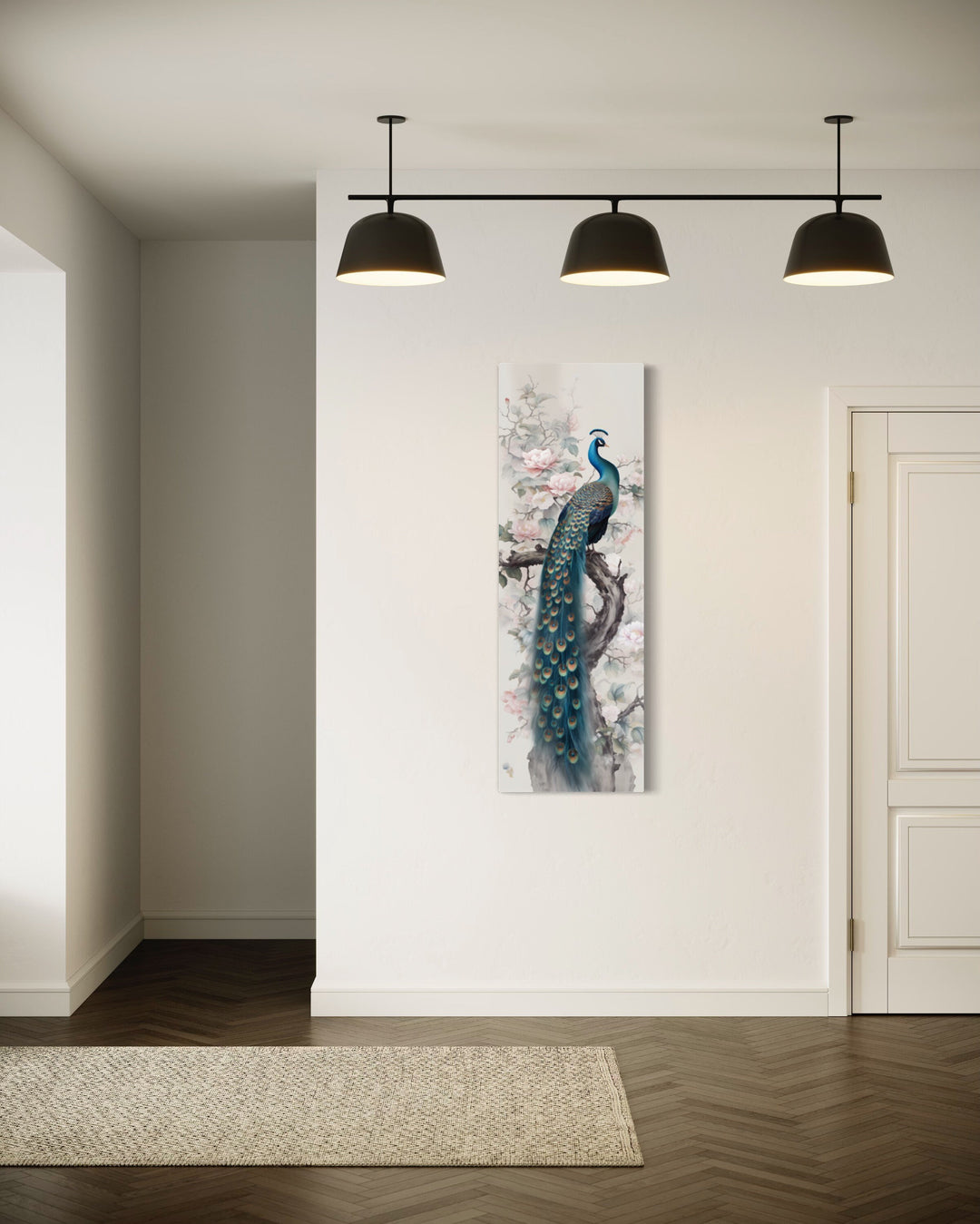 Tall Narrow Chinoiserie Peacock Vertical Wall Art in living room