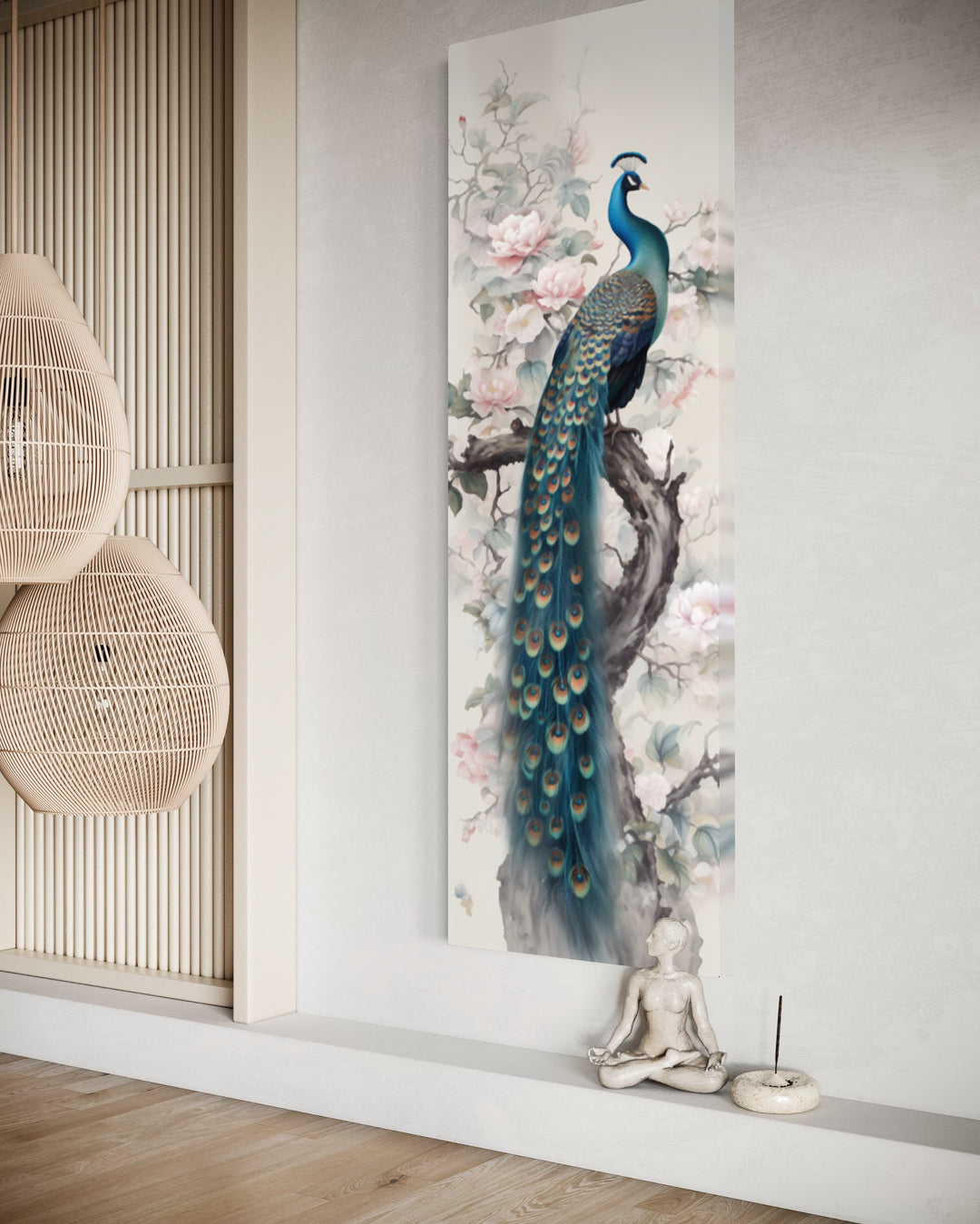 Tall Narrow Chinoiserie Peacock Vertical Wall Art side view