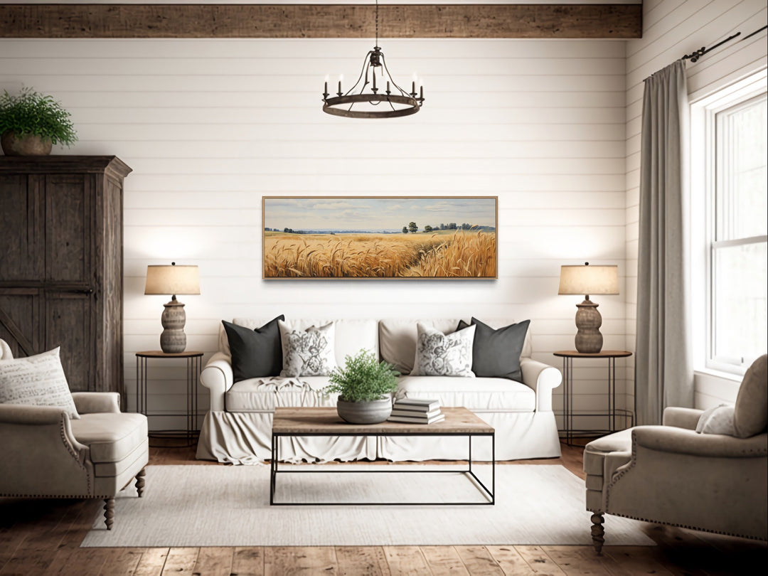 Farm Landscape Wheat Field Horizontal Framed Canvas Wall Art in farmhouse