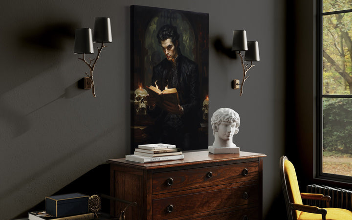 Vampire in Library Reading a Book Gothic Framed Canvas Wall Art side view