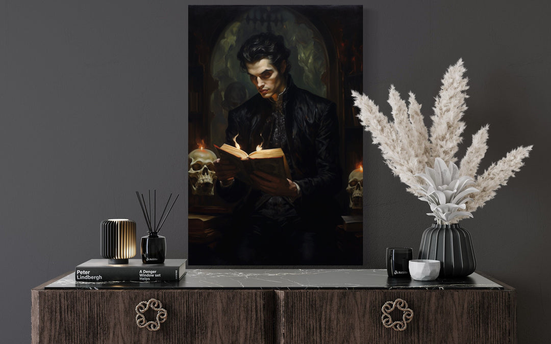 Vampire in Library Reading a Book Gothic Framed Canvas Wall Art