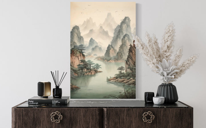 Traditional Chinese Mountains River Landscape Shan Shui Hua Canvas Wall Art above table