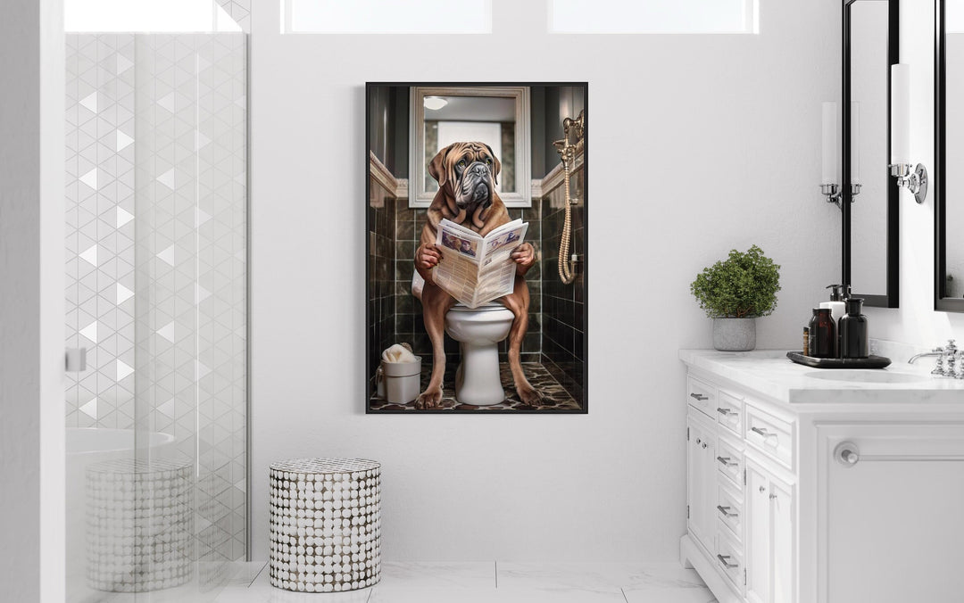 French Mastiff Dog On The Toilet Reading Newspaper Wall Art