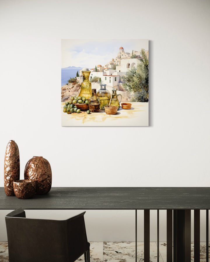 Olives And Oil Watercolor Greece Landscape Kitchen Canvas Wall Art in modern kitchen