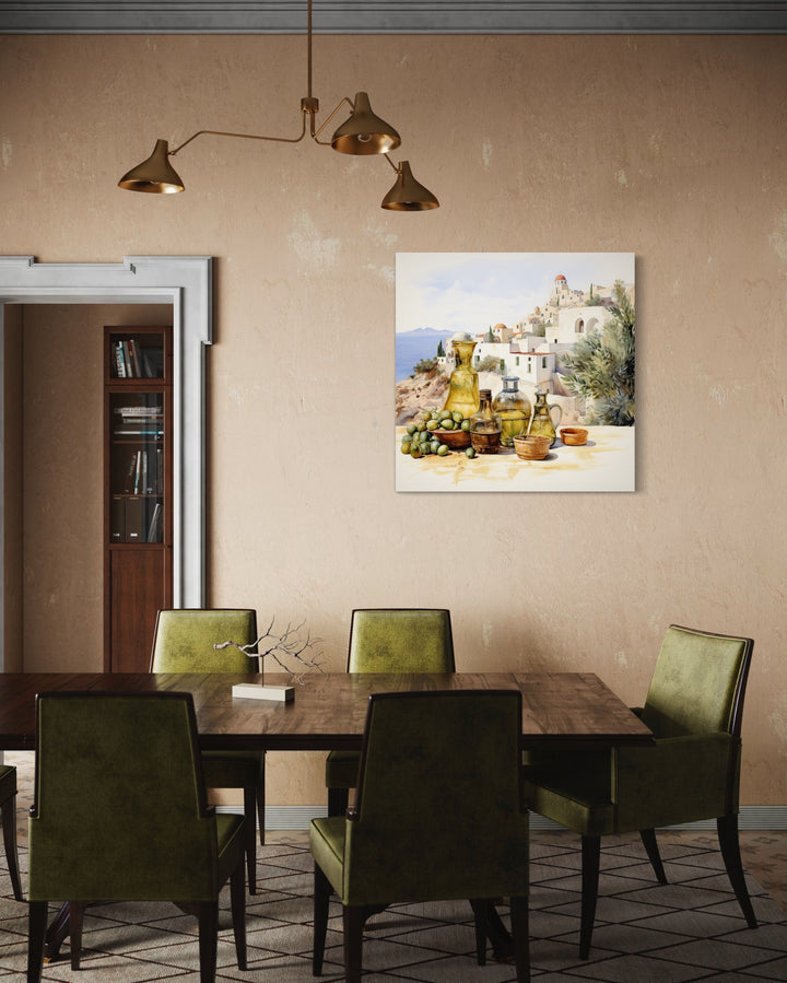 Olives And Oil Watercolor Greece Landscape Kitchen Canvas Wall Art in luxury dining room