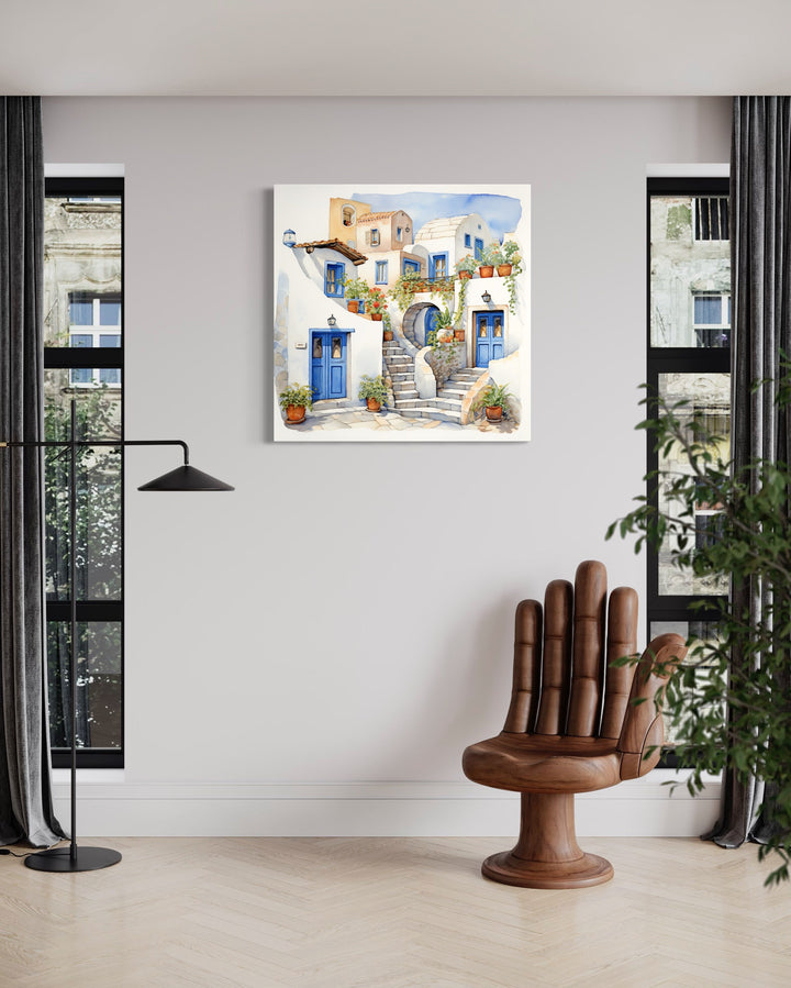 Greek Houses Santorini Greece Framed Canvas Wall Art in living room