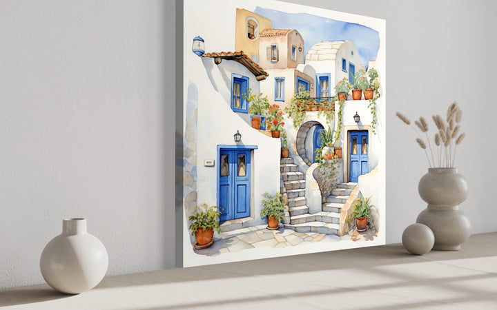 Greek Houses Santorini Greece Framed Canvas Wall Art side view