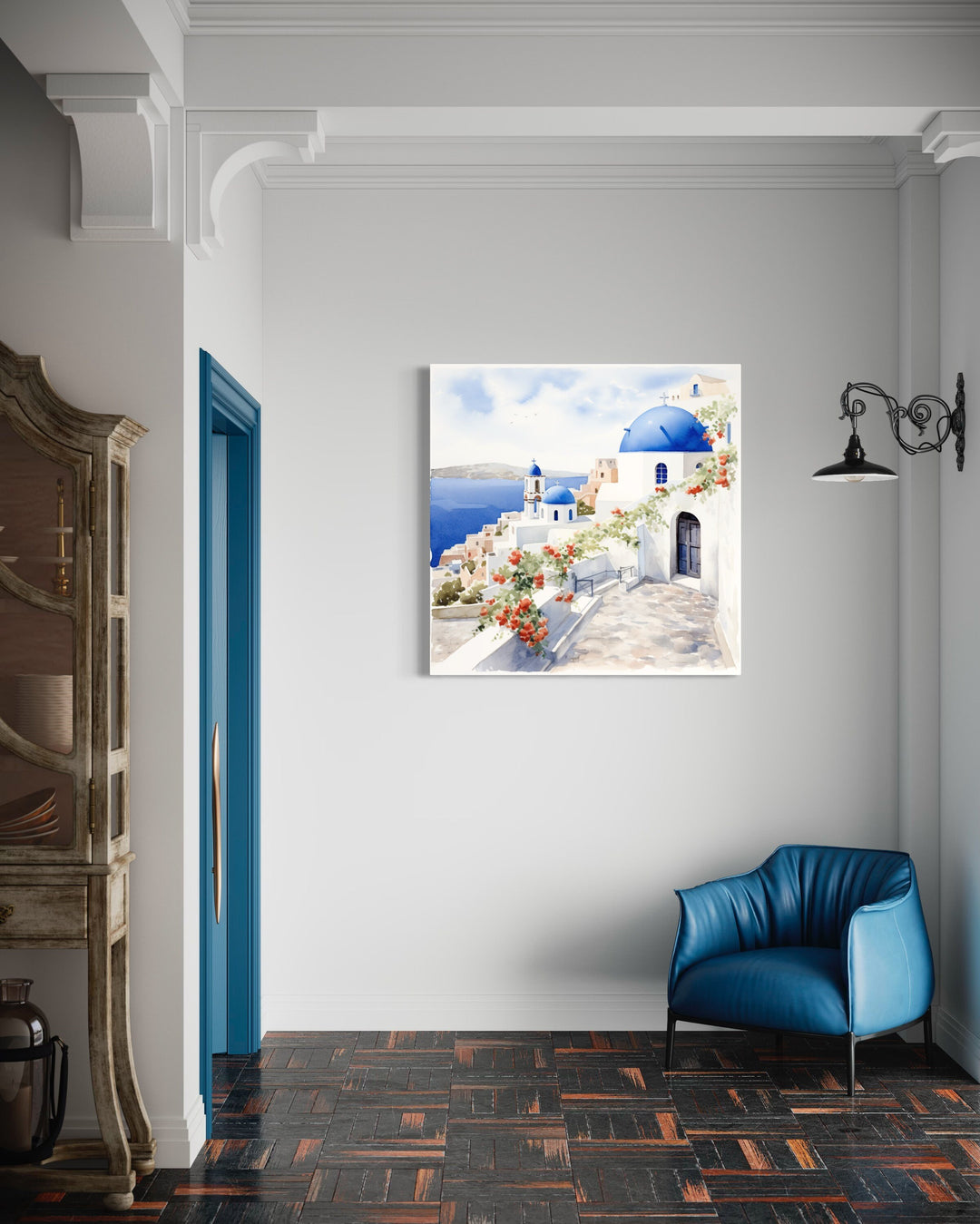 Santorini Greece Watercolor Framed Canvas Wall Art in hallway