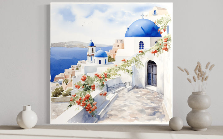 Santorini Greece Watercolor Framed Canvas Wall Art close up