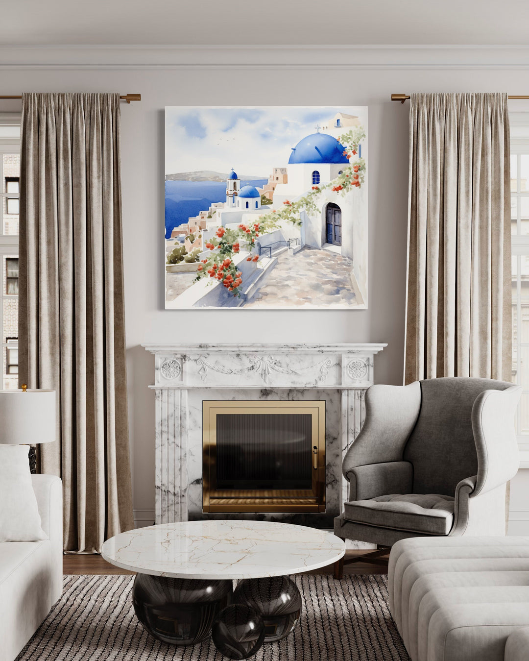 Santorini Greece Watercolor Framed Canvas Wall Art above mantel