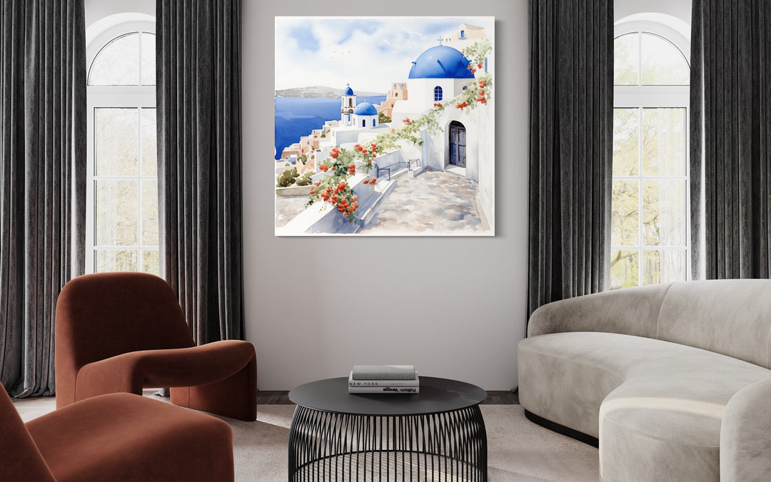 Santorini Greece Watercolor Framed Canvas Wall Art