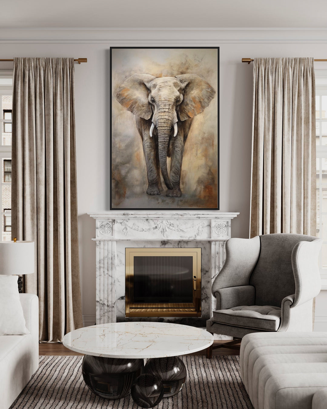 African Elephant Extra Large Abstract Framed Canvas Wall Art above mantel