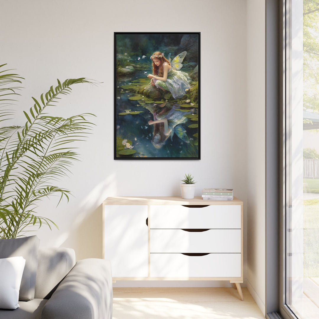 Beautiful Forest Fairy Near Pond Framed Canvas Wall Art in living room