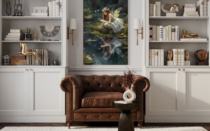 Beautiful Forest Fairy Near Pond Framed Canvas Wall Art in library