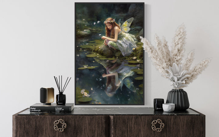 Beautiful Forest Fairy Near Pond Framed Canvas Wall Art close up