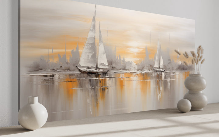 Abstract Sail Boats In Ocean Silver Gold Nautical Framed Canvas Wall Art