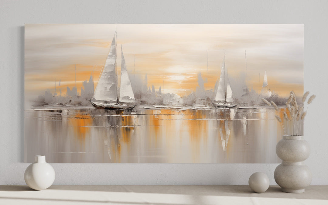 Abstract Sail Boats In Ocean Silver Gold Nautical Framed Canvas Wall Art