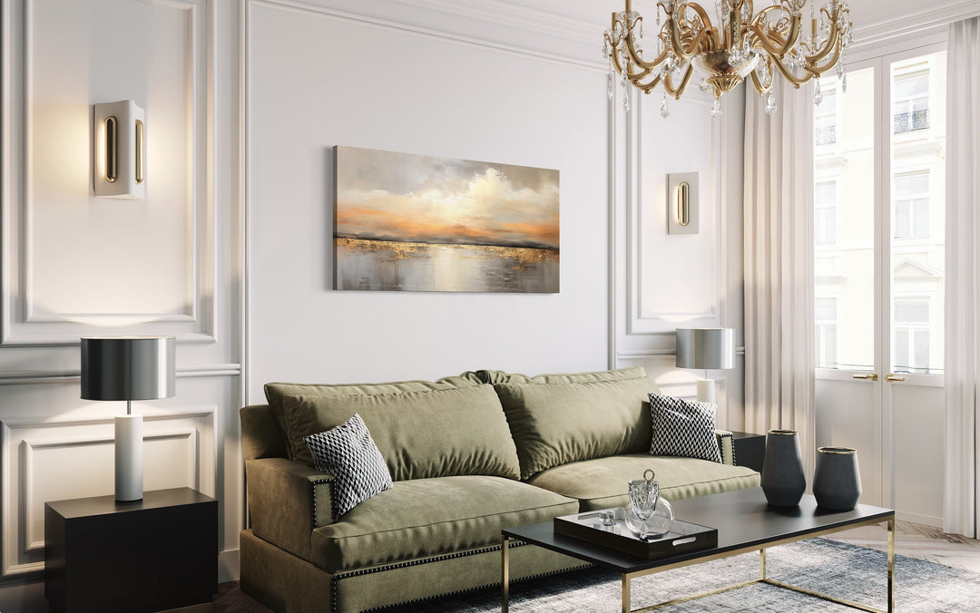 Silver Gold Abstract Ocean Sunset Living Room Framed Canvas Wall Art in living room