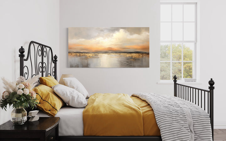 Silver Gold Abstract Ocean Sunset Framed Canvas Wall Art in bedroom