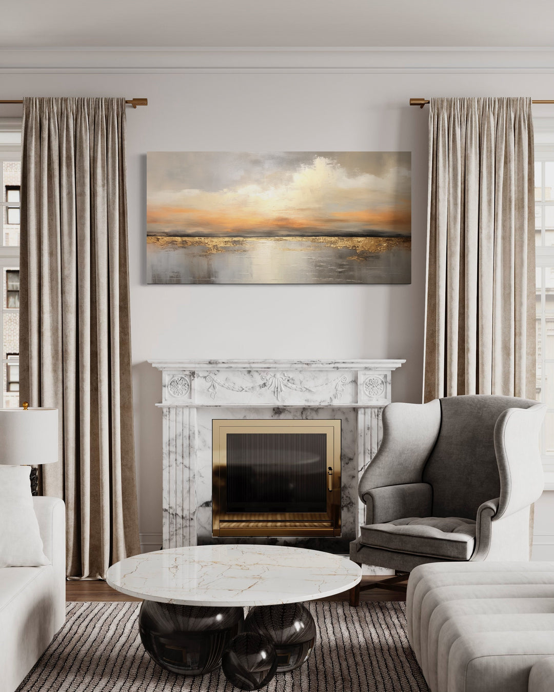 Silver Gold Abstract Ocean Sunset Framed Canvas Wall Art above fireplace