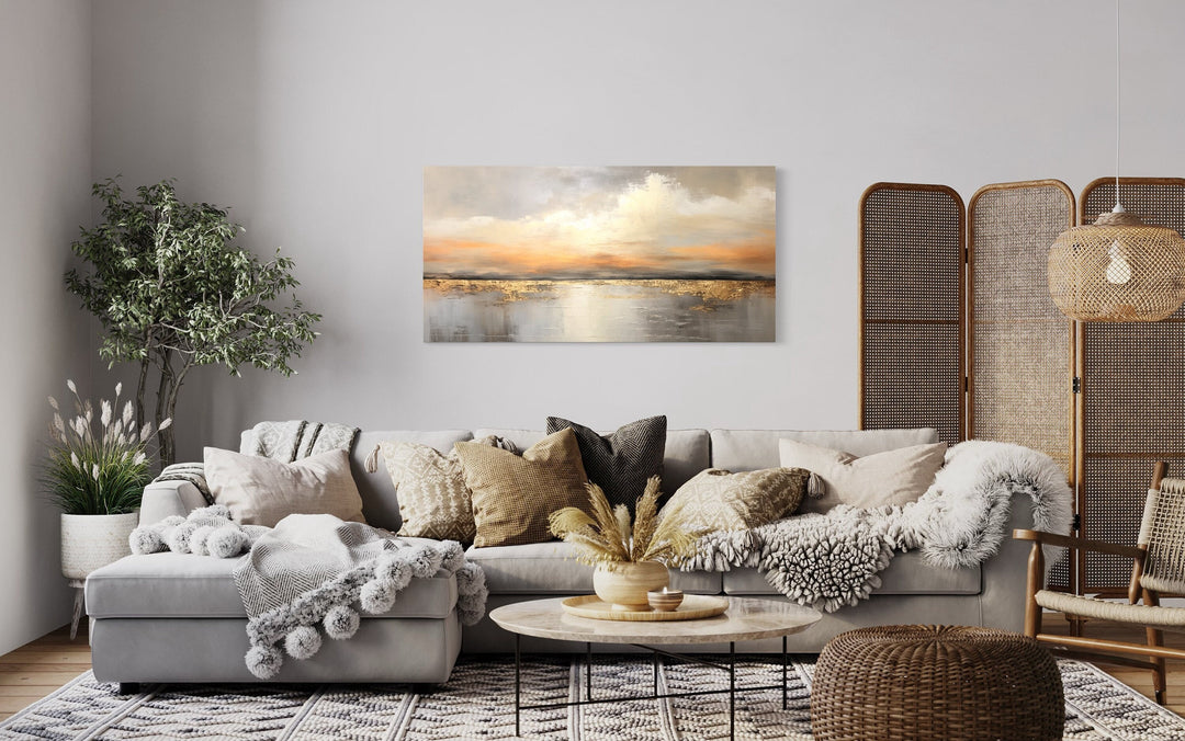 Silver Gold Abstract Ocean Sunset Living Room Framed Canvas Wall Art