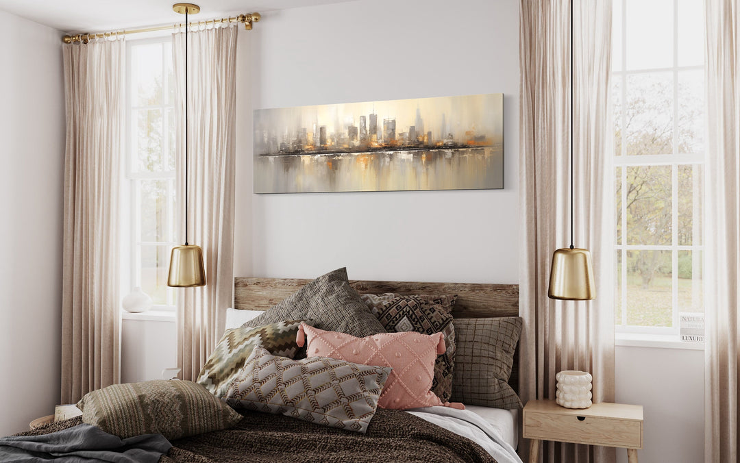 Gold And Silver Abstract Chicago Skyline Horizontal Living Room Wall Art above bed