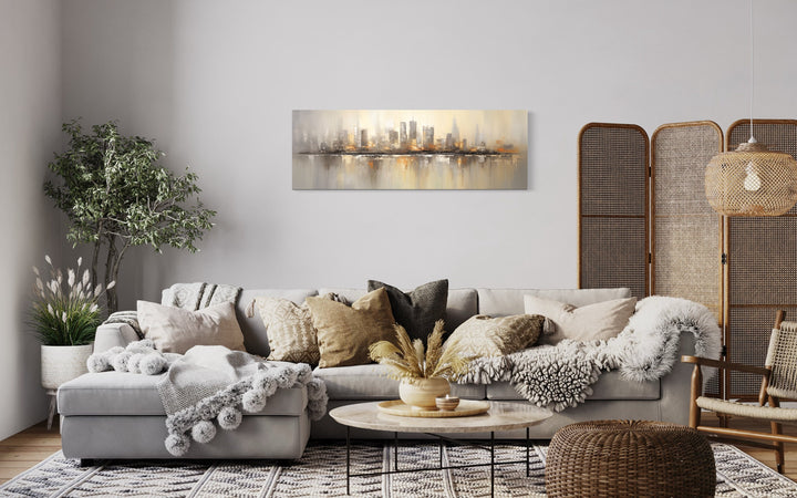 Gold And Silver Abstract Chicago Skyline Horizontal Living Room Wall Art in living room