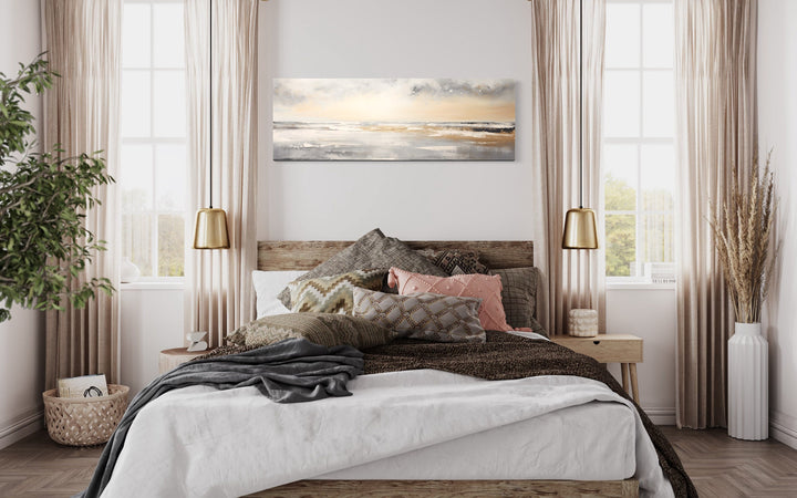 Gold And Silver Abstract Beach Sunset Minimalist Wall Art above bed