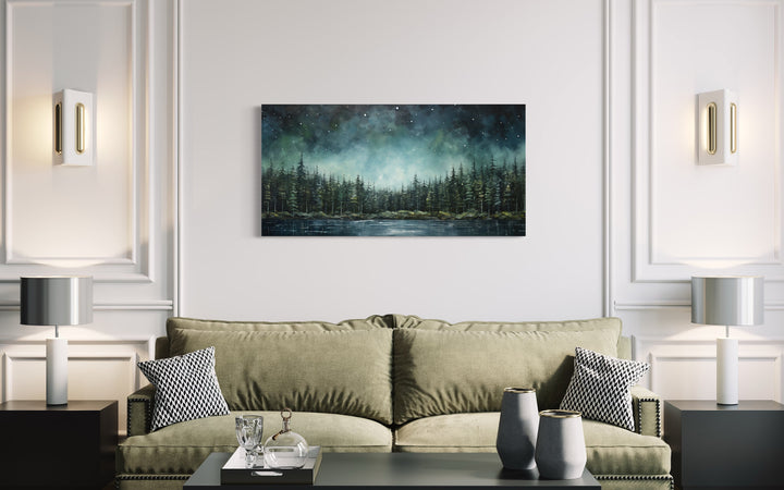 Abstract Starry Sky Over Sage Green Fir Forest And Lake Framed Nature Wall Art in living room