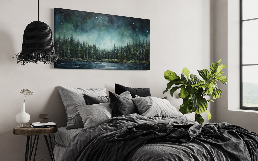 Abstract Starry Sky Over Sage Green Fir Forest And Lake Framed Nature Wall Art above bed