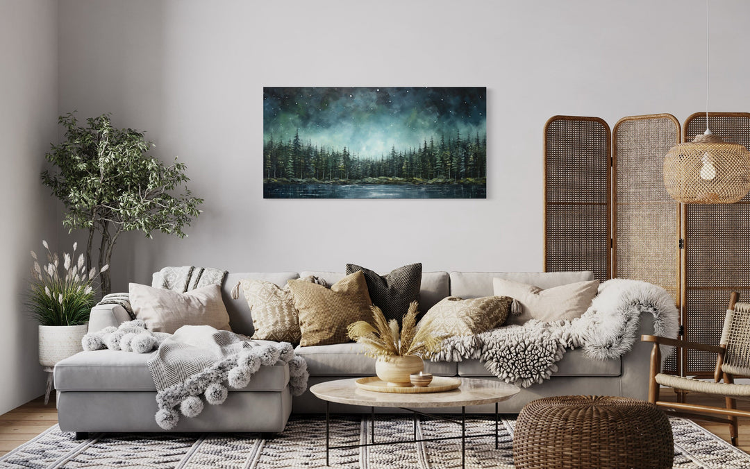 Abstract Starry Sky Over Sage Green Fir Forest And Lake Framed Nature Wall Art in luxury room