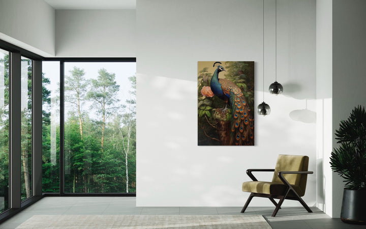 Chinese Peacock Framed Canvas Wall Art in large room