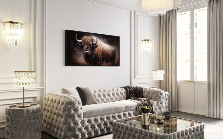 American Buffalo Extra Large Canvas Wall Art above white couch
