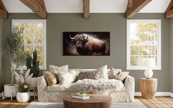American Buffalo Extra Large Canvas Wall Art above beige couch