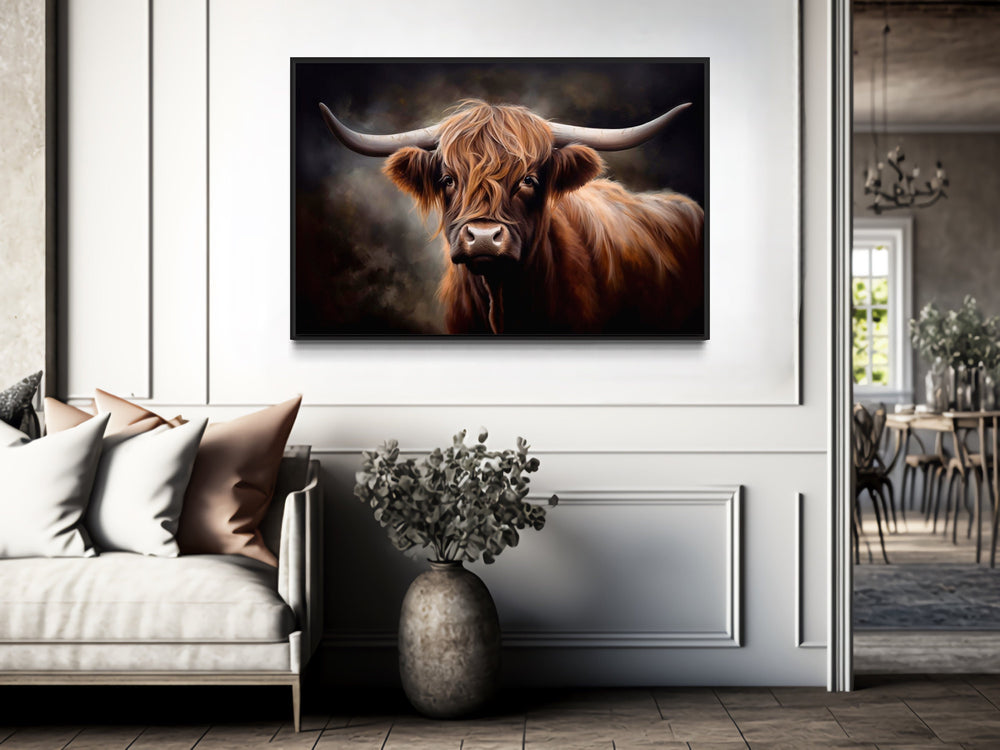 Dark Beautiful Highland Cow Framed Canvas Wall Art in farmhouse