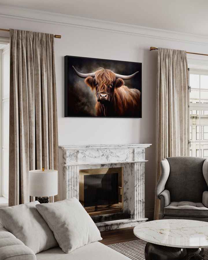 Dark Beautiful Highland Cow Framed Canvas Wall Art above fireplace